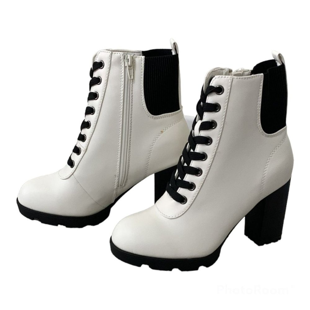 Striped Pattern Lace-up Front Chunky Heeled Combat Boots
